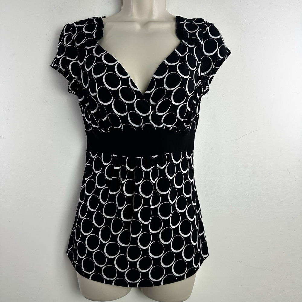 Vintage Y2K Babydoll Top V Neck Geo Print Sz M Black White Fairy Whimsigoth
